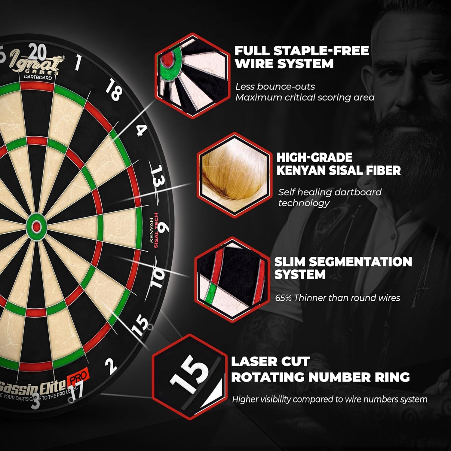 Professional Dart Board Set – Competition-Size Kenyan Sisal Target with Ultra-Thin Spider, 6 Steel Tip Darts, Mounting Kit & Game Accessories